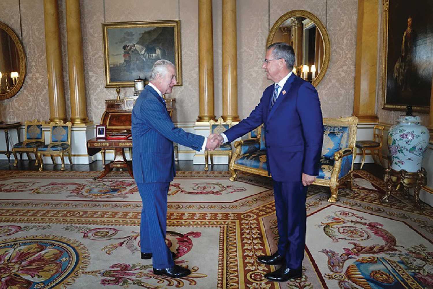 Saskatchewan Lieutenant Governor Russ Mirasty meeting with King Charles III at Buckingham Palace.